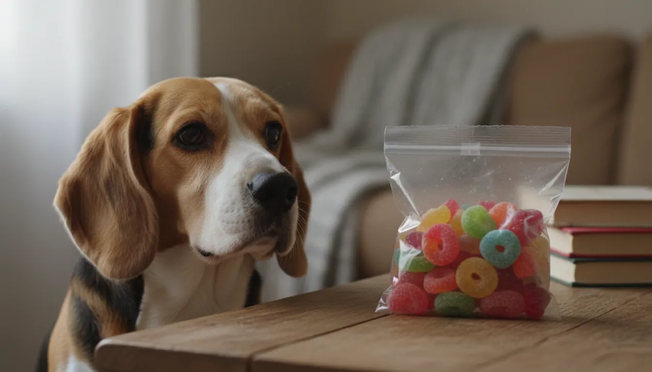 Cachorro da raça beagle olhando para um pacote de jujubas coloridas em uma mesa, com expressão curiosa.