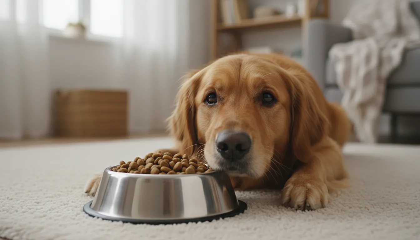 Cachorro não quer comer, um golden retriever deitado tristemente ao lado de uma tigela de ração cheia, com expressão preocupada.