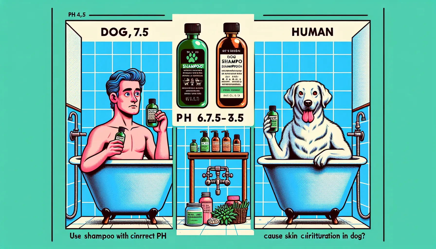 Ilustração comparando um cachorro e um humano tomando banho lado a lado. À esquerda, um cachorro está em uma banheira com uma garrafa de xampu para cães rotulada "pH 6.5-7.5" e ingredientes naturais como aveia e babosa. À direita, um humano está em uma banheira com uma garrafa de xampu humano rotulada "pH 4.5-5.5" e produtos químicos comuns. Balões de texto explicam que o uso de xampu com pH incorreto pode causar irritação e alergias na pele do cachorro. A imagem destaca as diferenças nos níveis de pH e ingredientes, enfatizando a importância de usar xampu específico para cães.