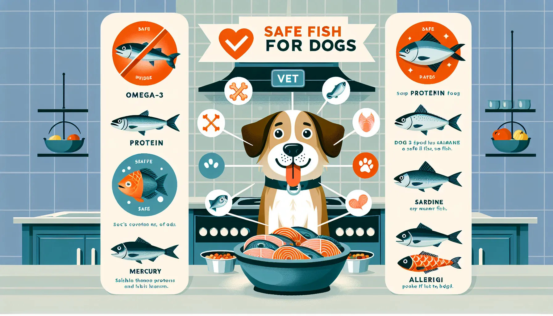 Uma ilustração informativa mostrando um cachorro feliz comendo uma tigela de peixe cozido, com ícones representando os benefícios do peixe (como ômega-3, proteína e vitaminas). Ao redor da imagem principal, há diferentes tipos de peixes seguros para cães (como salmão, sardinha e tilápia) com rótulos. Inclui um símbolo de veterinário para dicas de segurança e avisos sobre ossos, mercúrio e alérgenos. O fundo é um cenário de cozinha para enfatizar a preparação da comida do cão.