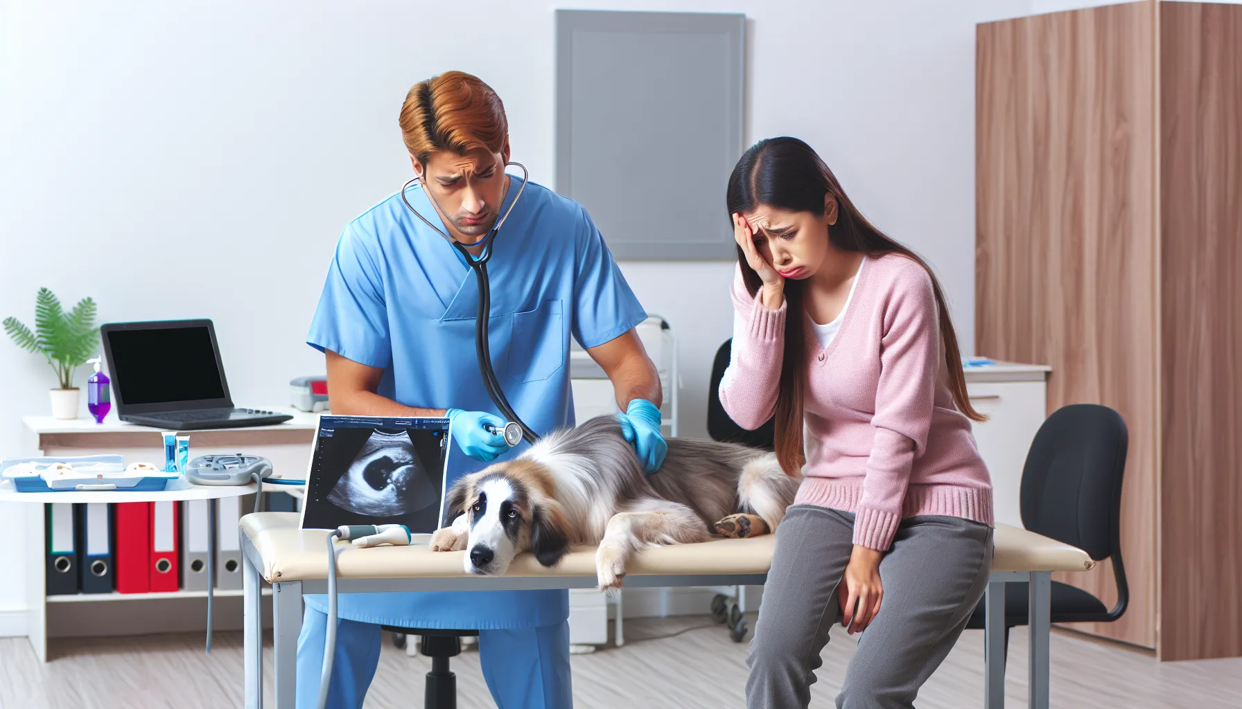 Um dono de animal de estimação preocupado leva seu cachorro, que está com a barriga um pouco inchada, a um veterinário. A cena inclui o veterinário examinando o cachorro com equipamentos médicos como um estetoscópio e uma máquina de ultrassom nas proximidades.