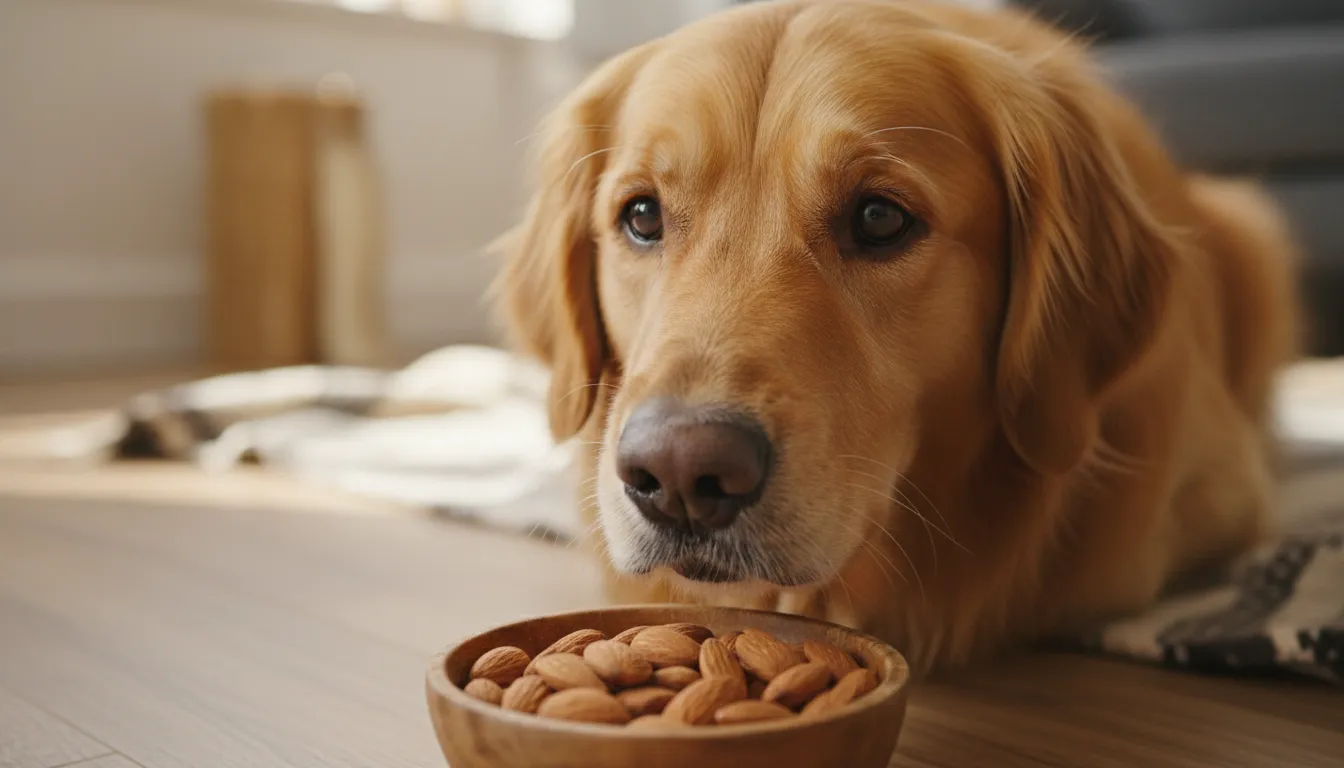 Cachorro Golden Retriever olhando curiosamente para um punhado de amêndoas em uma tigela de madeira.