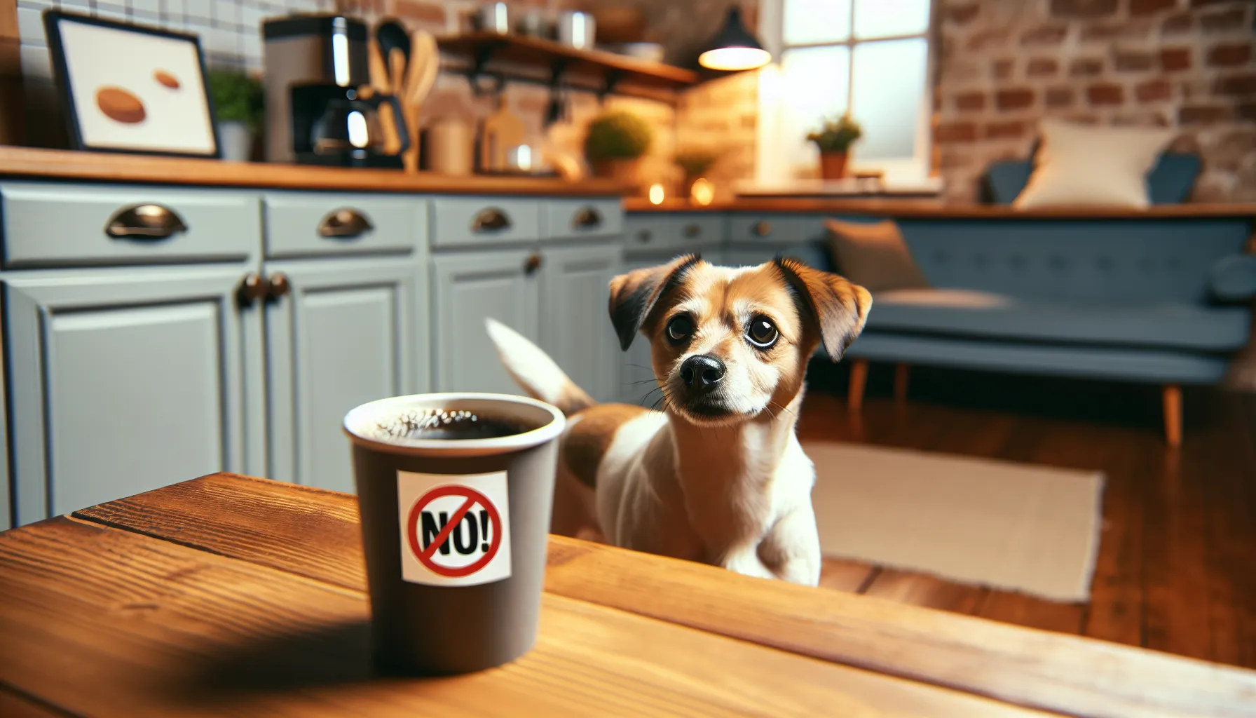 Um cachorro olhando curiosamente para uma xícara de café em uma mesa. A xícara de café está claramente rotulada como "Não!" para enfatizar o perigo. O fundo é uma cozinha aconchegante, com o cachorro aparentando estar alerta e interessado, mas evitando o café. O clima geral é educativo e de advertência.