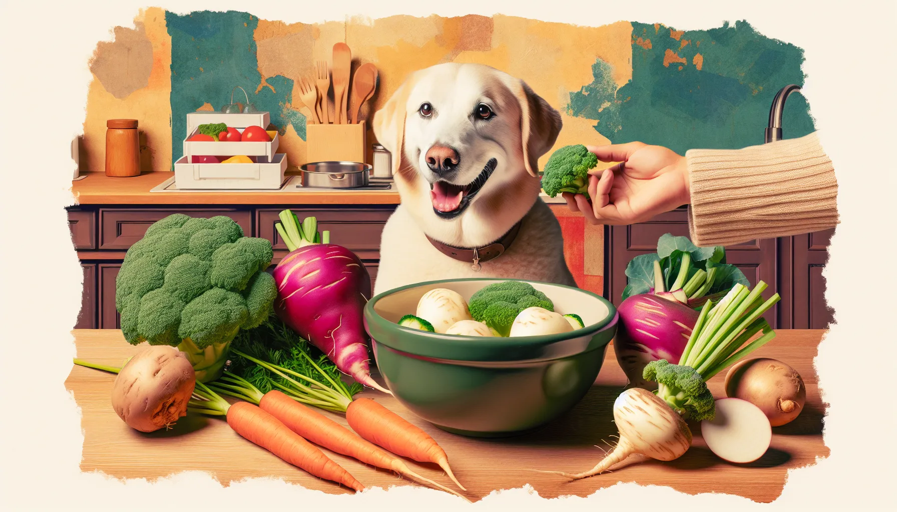 Um cachorro feliz sentado ao lado de uma tigela de vegetais frescos, incluindo nabos em destaque. O fundo é um ambiente acolhedor de cozinha, destacando a importância de uma dieta equilibrada e saudável para os animais de estimação. Elementos como cenouras e brócolis também estão presentes. Uma mão humana gentilmente oferece um pedaço de nabo ao cachorro, enfatizando a introdução segura e cautelosa de novos alimentos na dieta do cachorro.