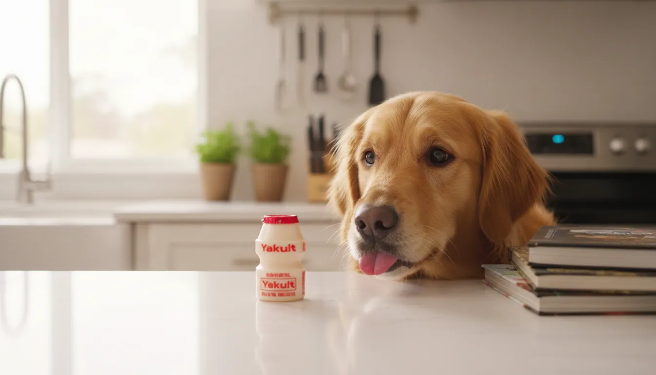 Cachorro da raça golden retriever olhando curiosamente para um copo de Yakult com a língua para fora, em uma cozinha bem iluminada. O cão parece interessado, mas o copo está levemente fora de alcance.