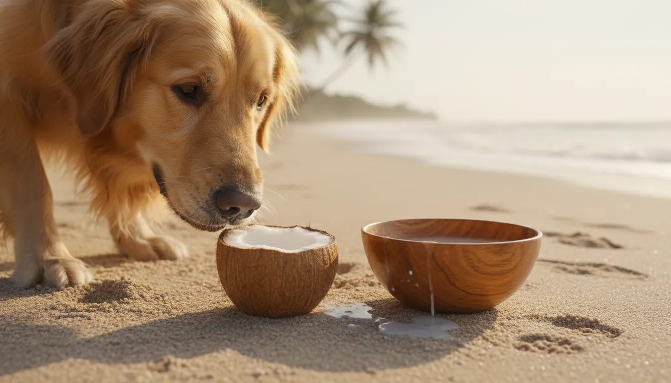 Cachorro da raça golden retriever curioso cheirando um coco fresco na praia, com água de coco ao lado. Cachorro pode beber água de coco?