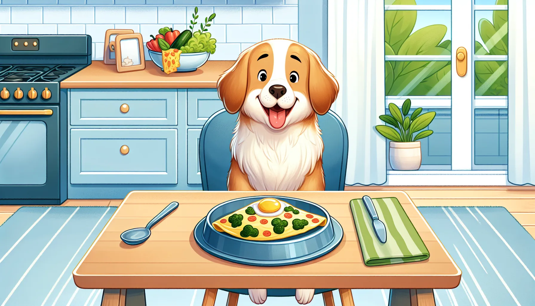 Um cachorro feliz sentado à mesa com um omelete seguro preparado em um prato. O omelete é feito com ovos simples e alguns vegetais visíveis como espinafre ou abobrinha, sem queijo ou tempero. O fundo mostra um ambiente aconchegante de cozinha, enfatizando um ambiente saudável e amigável para animais de estimação.