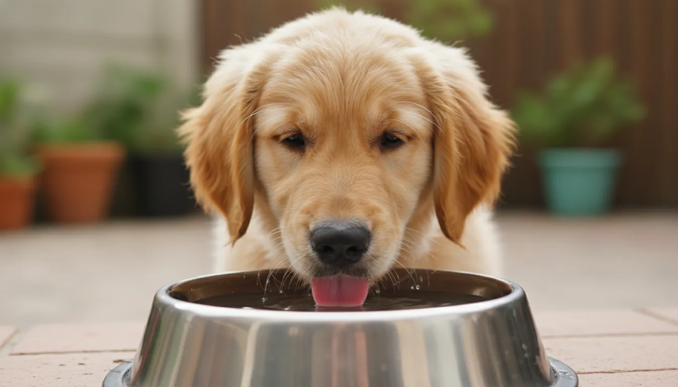 Cachorro filhote da raça golden retriever bebendo água de uma tigela de forma limpa e hidratada.