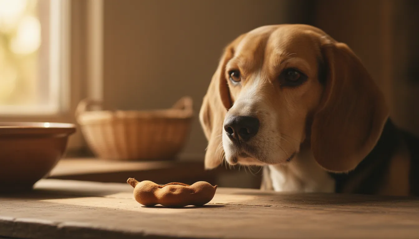 Um cachorro beagle da raça Magali curioso, olhando para um tamarindo em uma mesa de madeira.