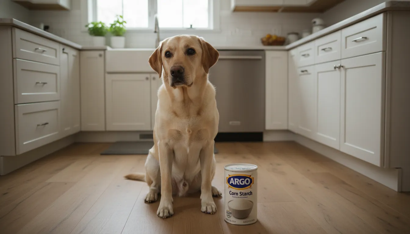 Um cachorro labrador retriever amarelo sentado curiosamente ao lado de um pote de maizena na cozinha.