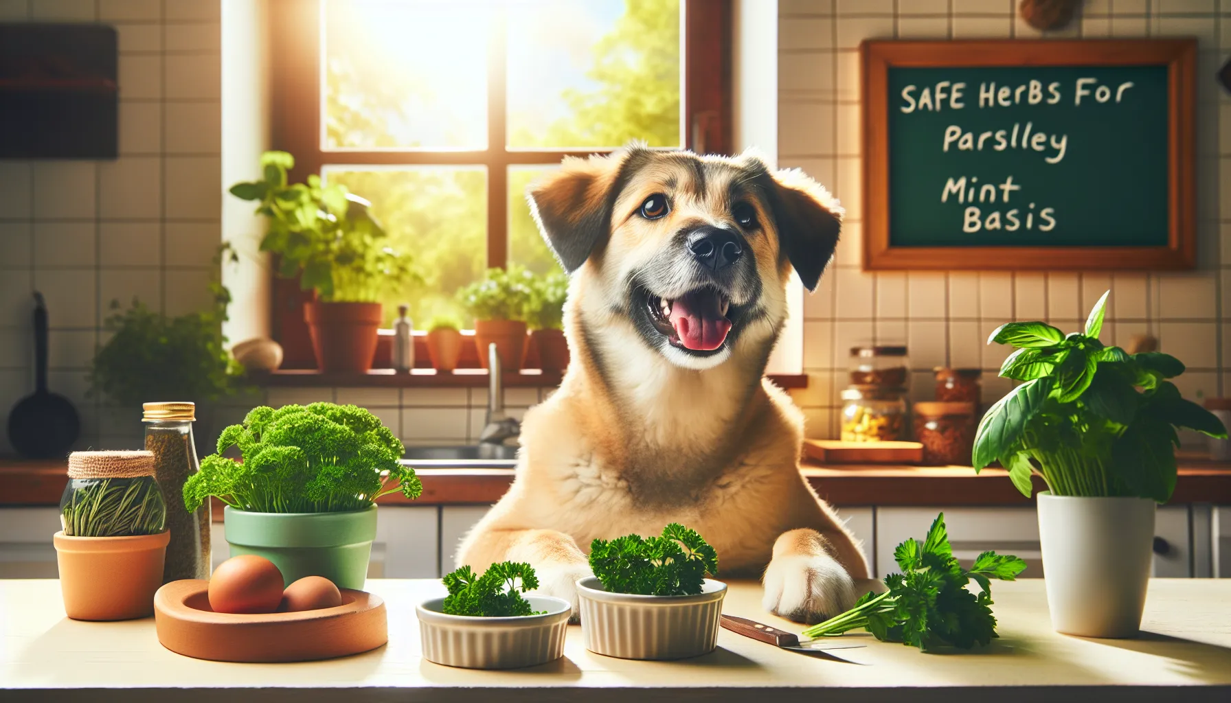 Um cachorro feliz sentado à mesa da cozinha com uma pequena tigela de comida misturada com salsa fresca. A cozinha é clara e aconchegante, com uma janela mostrando um dia ensolarado lá fora. O cachorro parece saudável e contente, com uma expressão curiosa, cheirando a comida. No balcão da cozinha, há ervas frescas como salsa, hortelã e manjericão organizadas ordenadamente. Um livro de veterinária e um pequeno quadro-negro com 'Ervas seguras para cães, Salsa, Hortelã, Manjericão' escrito podem ser vistos ao fundo.