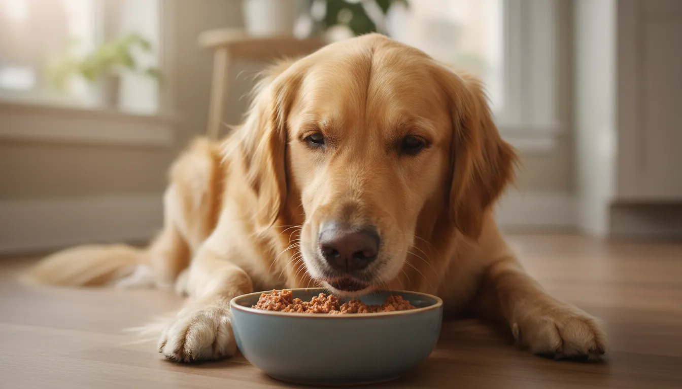 Cachorro golden retriever comendo ração em uma tigela, com foco na alimentação para insuficiência renal.