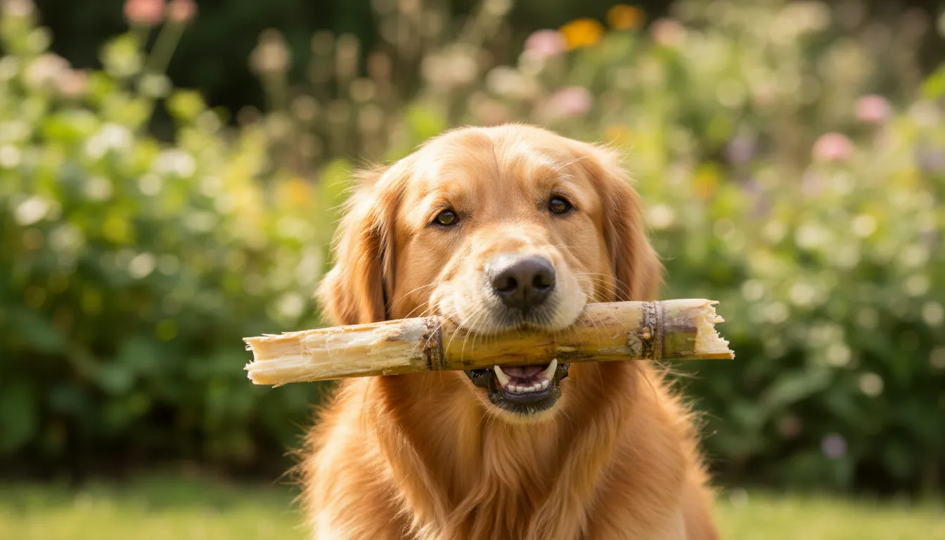 Cachorro da raça golden retriever mastigando um pedaço de cana-de-açúcar em um jardim ensolarado.