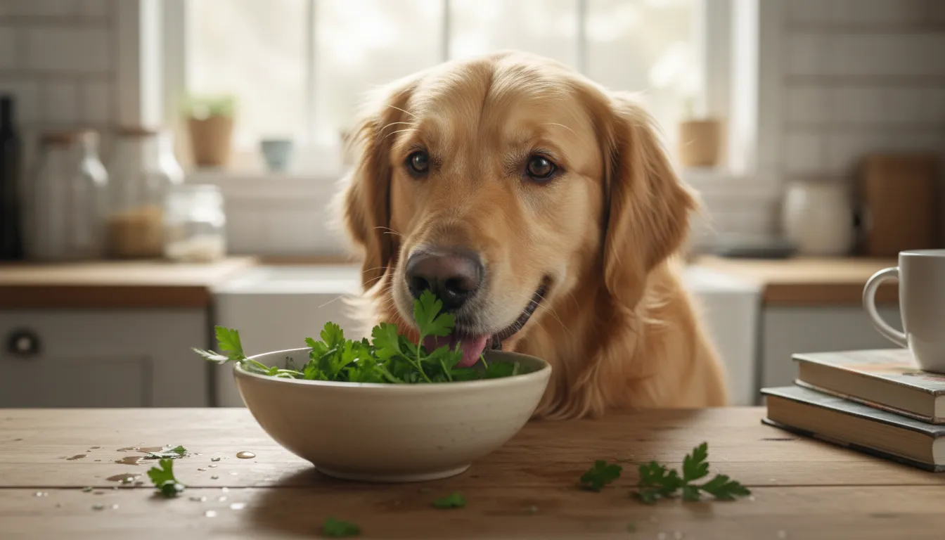 Um cachorro golden retriever cheirando salsa fresca em uma tigela, com um fundo de cozinha iluminado pela luz natural. O cachorro parece curioso e feliz.