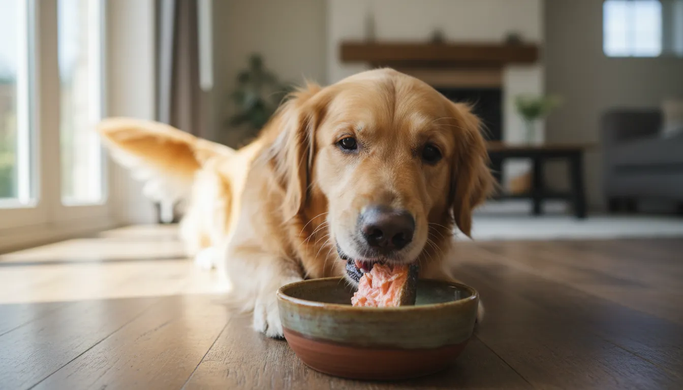 Cachorro golden retriever feliz comendo um pedaço de peixe cozido em um prato.