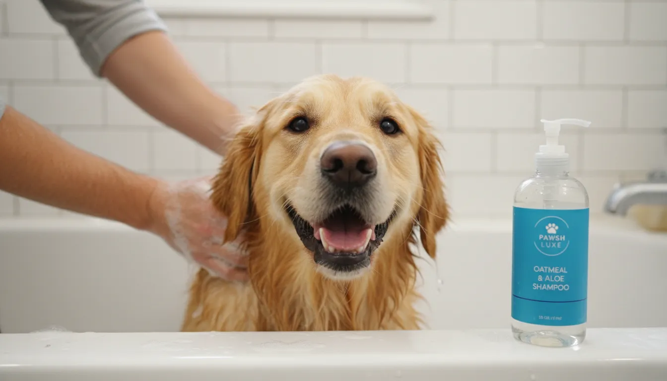 Cachorro da raça Golden Retriever sendo banhado carinhosamente, com um shampoo específico para cães à vista