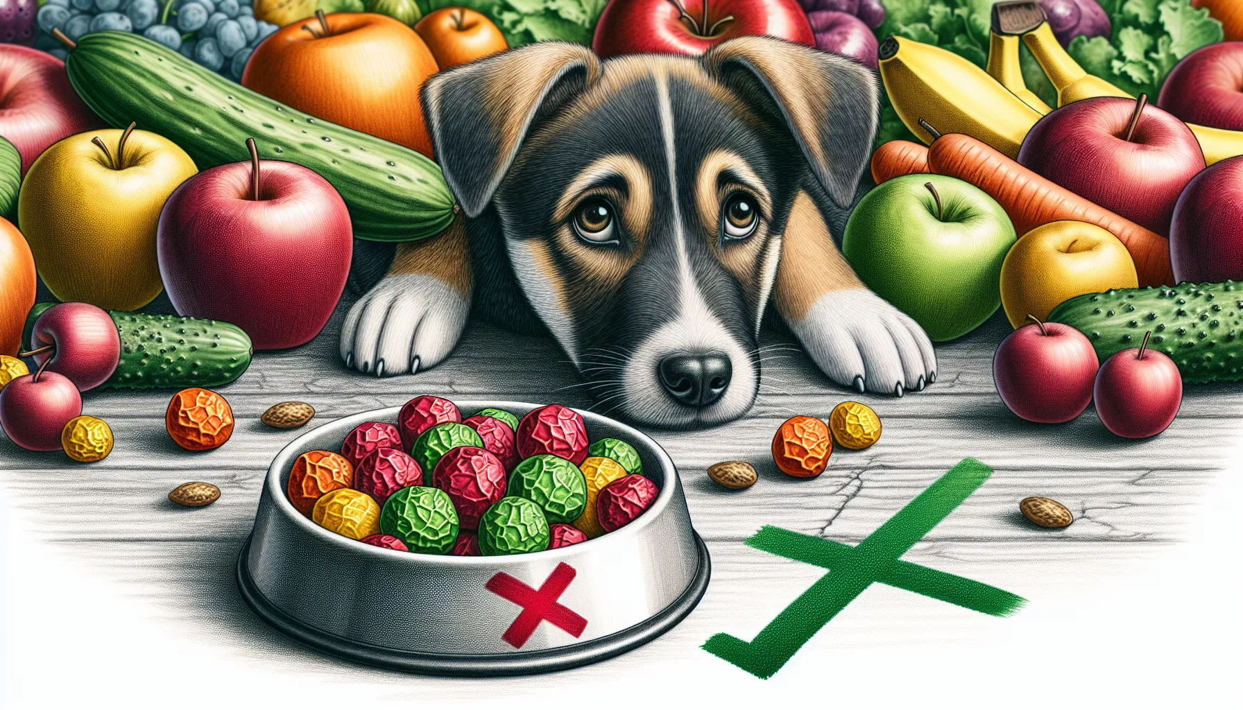 Imagem de um cachorro curioso olhando para uma tigela de jujubas coloridas com um grande "X" vermelho sobre a tigela. Ao fundo, uma variedade de frutas e vegetais saudáveis para cães, como maçãs, bananas, cenouras e pepinos, com um sinal de visto verde ao lado.