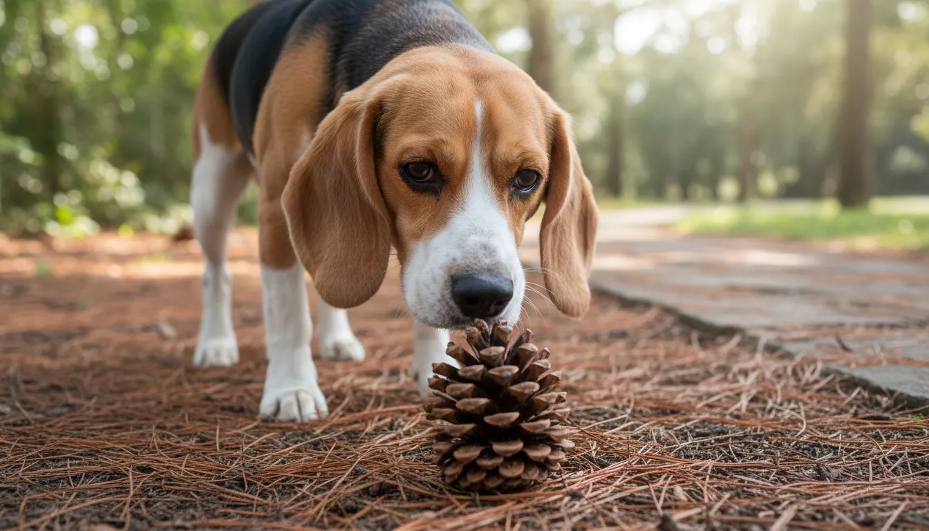 Um cão da raça beagle farejando uma pinha caída no chão de um jardim, com expressão curiosa mas sem tocar na fruta.