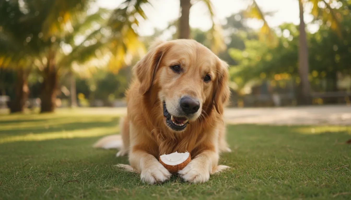 Cachorro golden retriever feliz comendo um pedaço de coco fresco em um ambiente ensolarado.