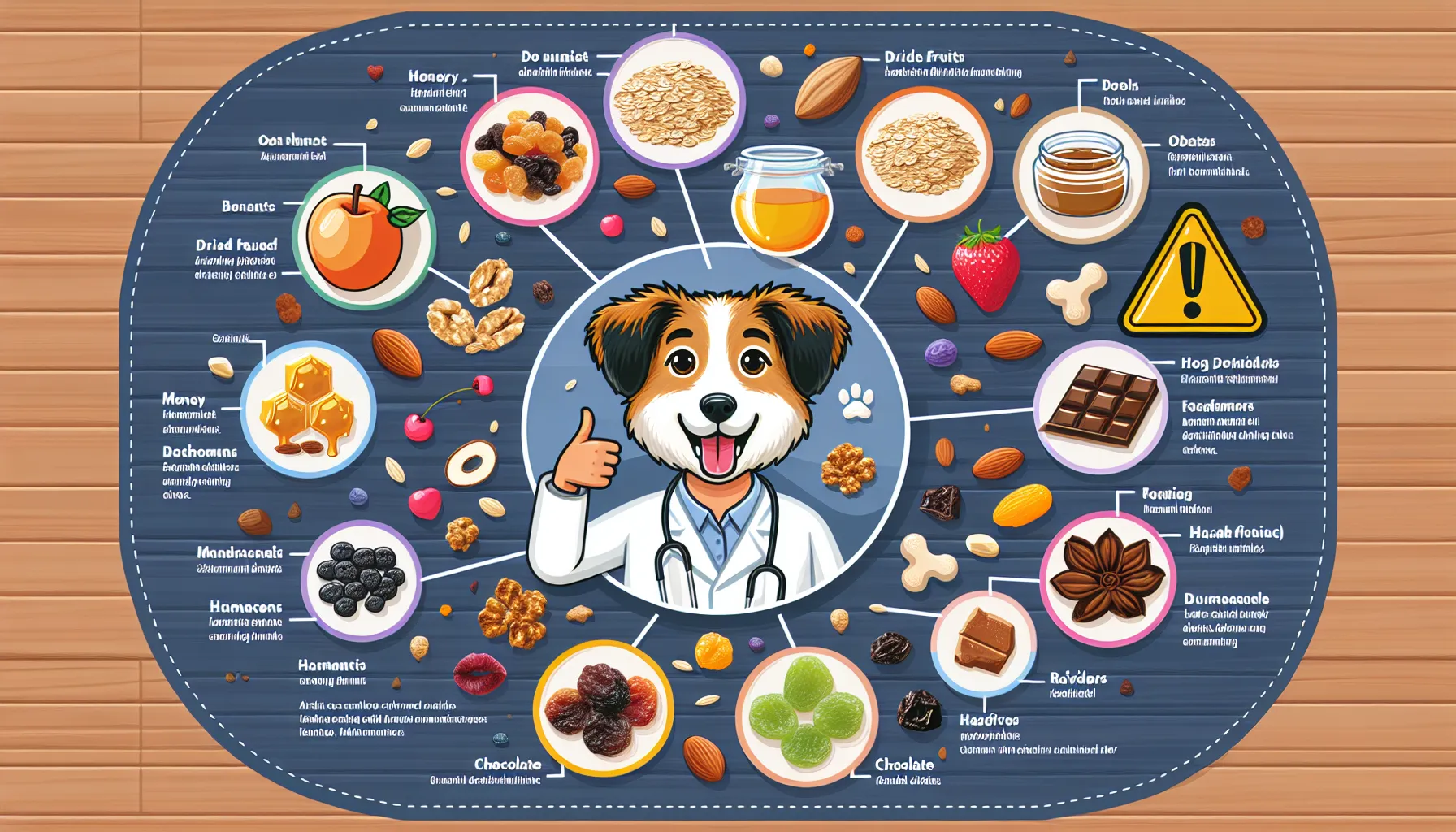 Infográfico apresentando um cachorro cercado por vários ingredientes de granola como aveia, mel, frutas secas e nozes. Destaque quais ingredientes são seguros e quais são prejudiciais para os cães, incluindo símbolos de alerta ao lado de itens perigosos como passas e chocolate. Inclua um veterinário amigável dando um joinha ao lado de ingredientes seguros e um sinal de aviso ao lado dos prejudiciais.