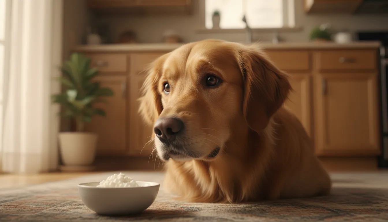 Um cachorro da raça golden retriever olhando curiosamente para um pequeno pedaço de queijo cottage em uma tigela.