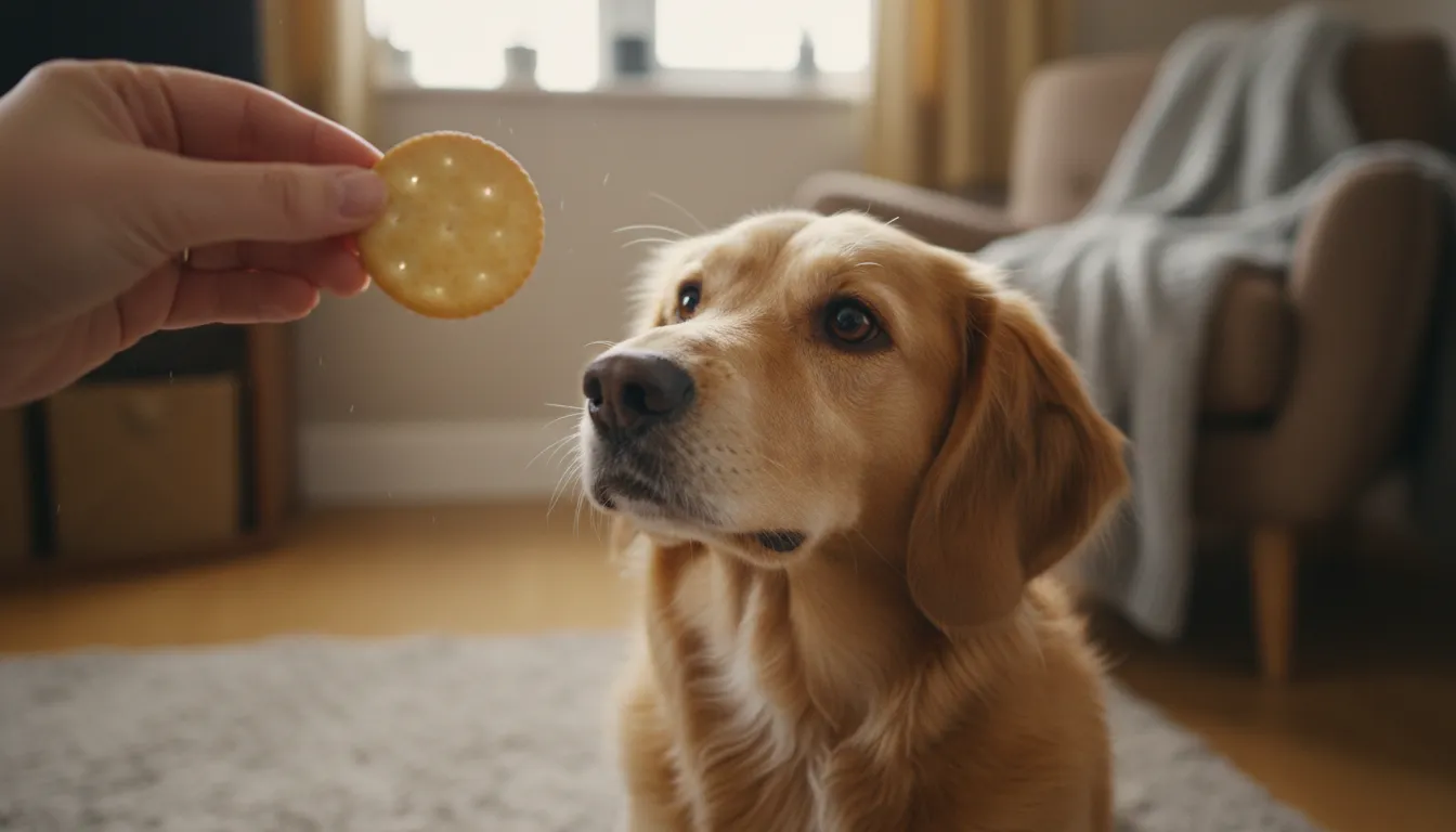 Cachorro olhando curiosamente para um cream cracker na mão de um humano, com um olhar pidão e fofo