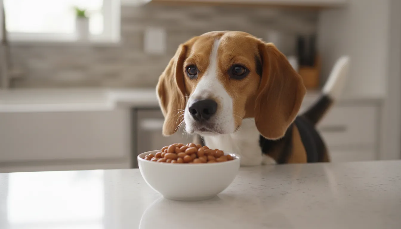 Cão da raça beagle olhando curiosamente para um pote de feijão cozido sem tempero, com a palavra-chave 'cachorro pode comer feijão' em mente.