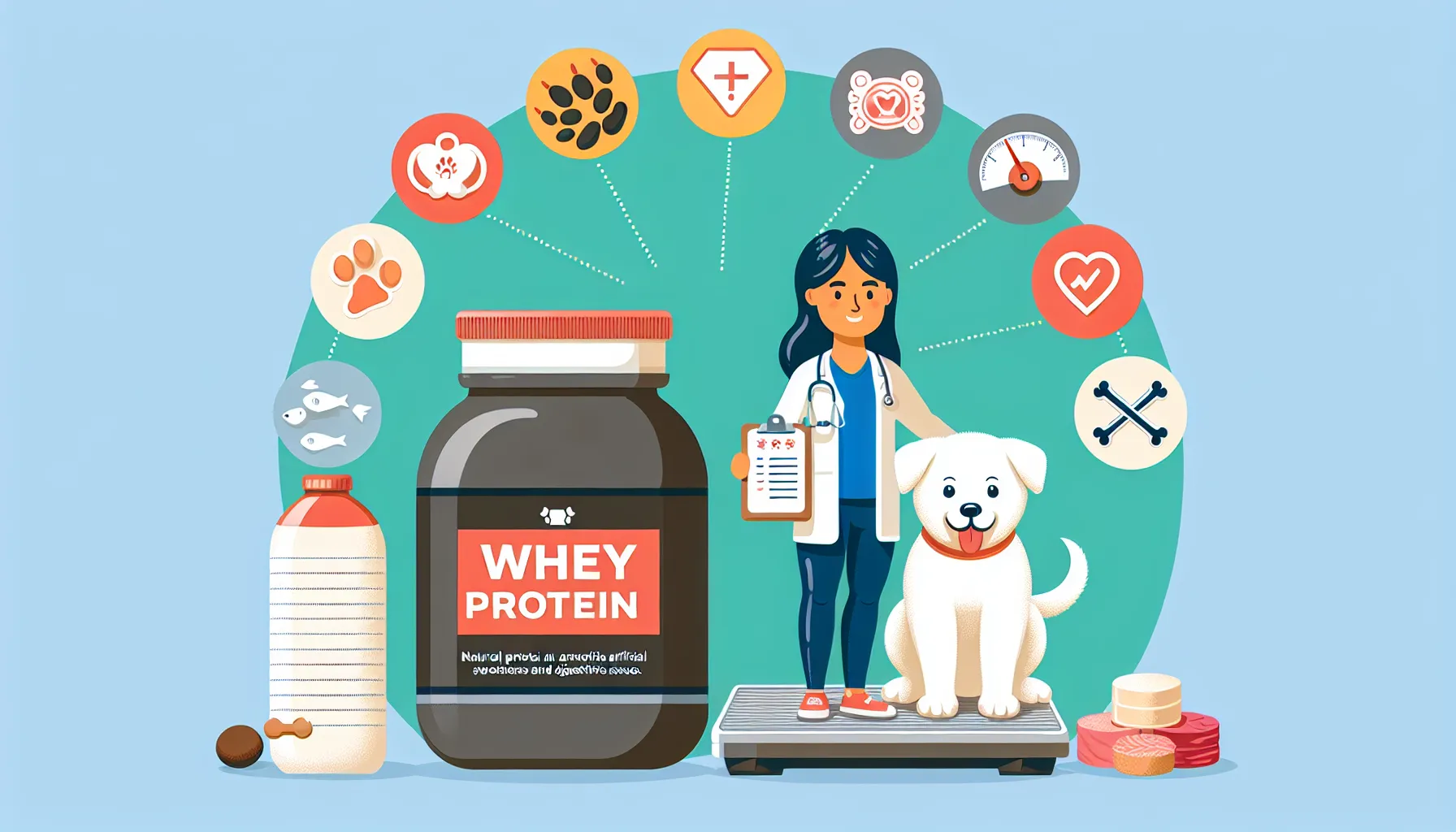 Ilustração de um cachorro saudável e ativo ao lado de um pote de whey protein, com uma balança e um veterinário segurando uma prancheta. Há ícones de alerta sobre lactose, adoçantes artificiais e problemas digestivos. Alternativas de proteínas naturais como carne, peixe e ovos estão destacadas, enfatizando a necessidade de supervisão veterinária.