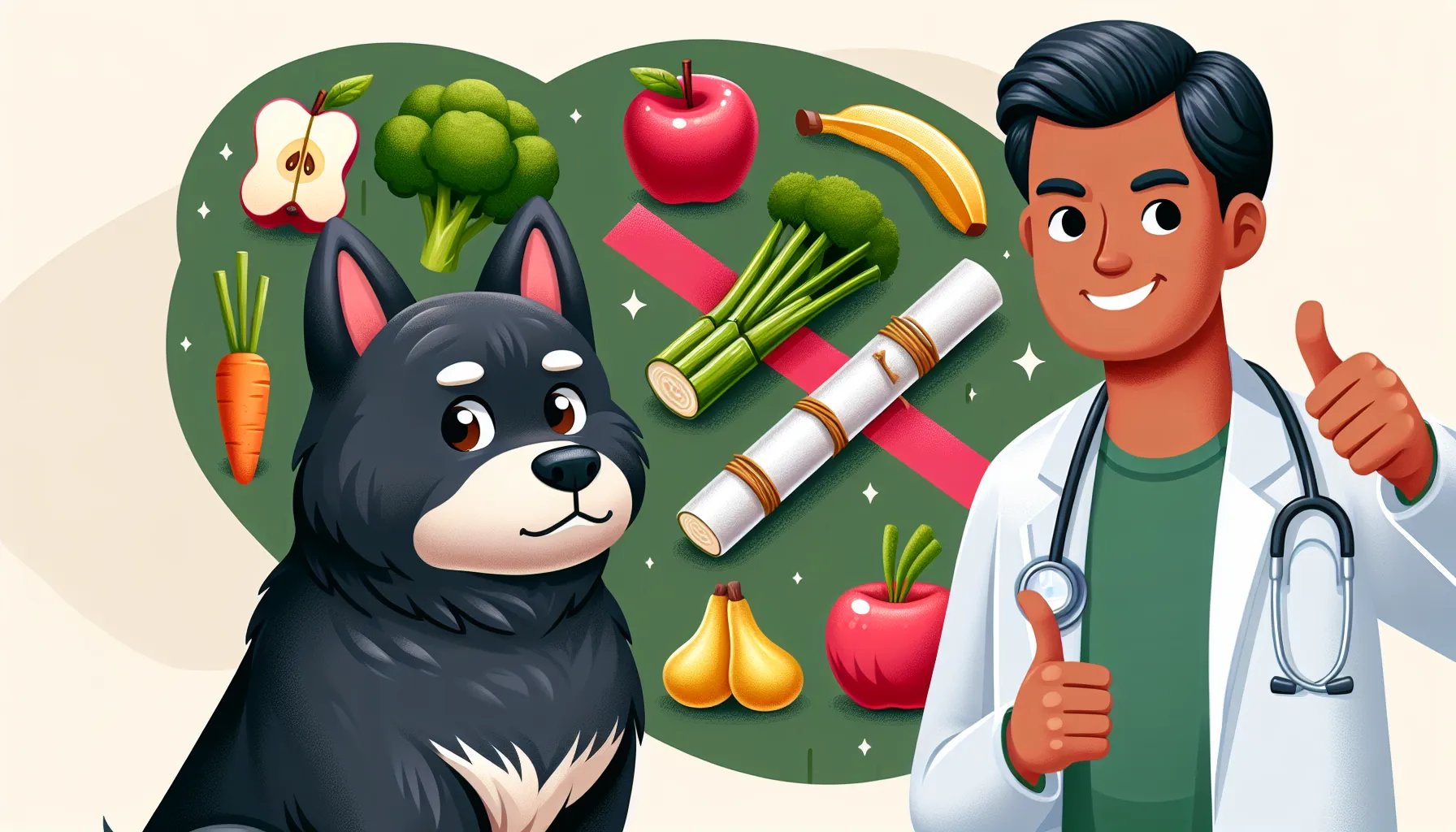 Uma ilustração de um cachorro olhando curiosamente para um pedaço de cana-de-açúcar com um símbolo de 'não' sobre ele. Ao redor do cachorro, há imagens de frutas e vegetais seguros e saudáveis, como maçãs, bananas, cenouras e brócolis. Ao fundo, há um veterinário dando um joinha, indicando boas escolhas de petiscos para cães.