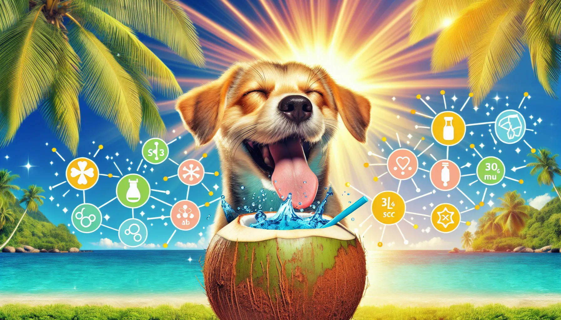 Cão feliz bebendo água de coco em um cenário tropical ensolarado, com ícones representando hidratação, eletrólitos e nutrientes como potássio, cálcio e magnésio.