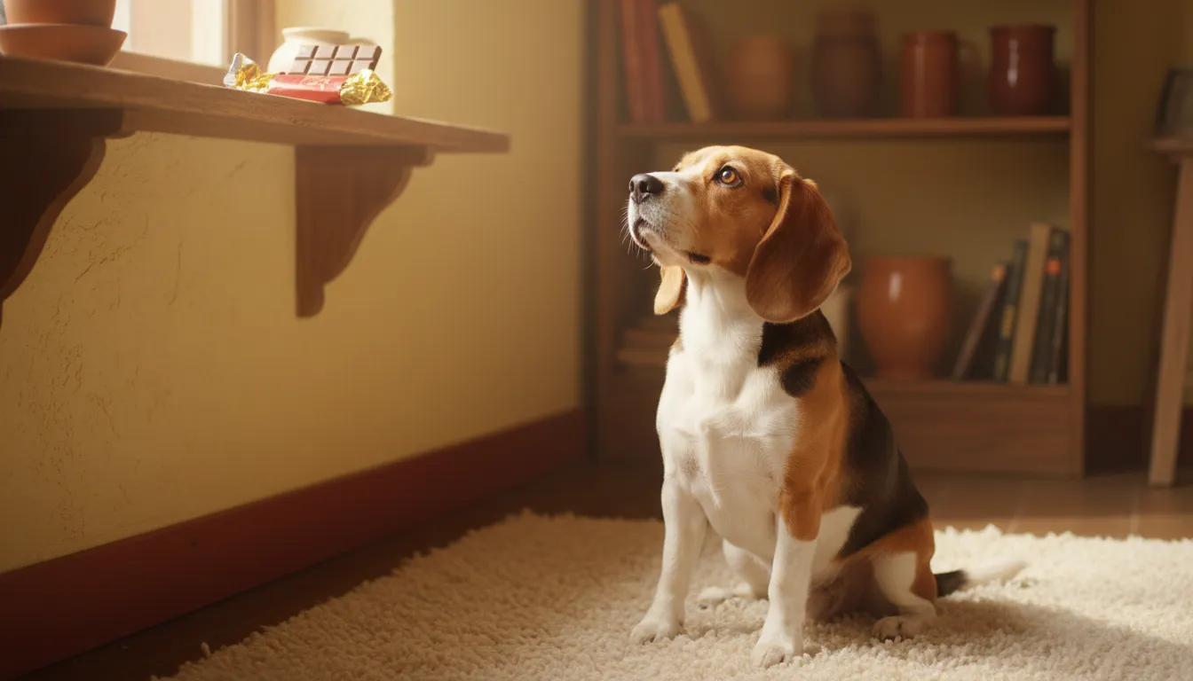 Cachorro da raça beagle olhando curiosamente para uma barra de chocolate, que está fora de seu alcance.