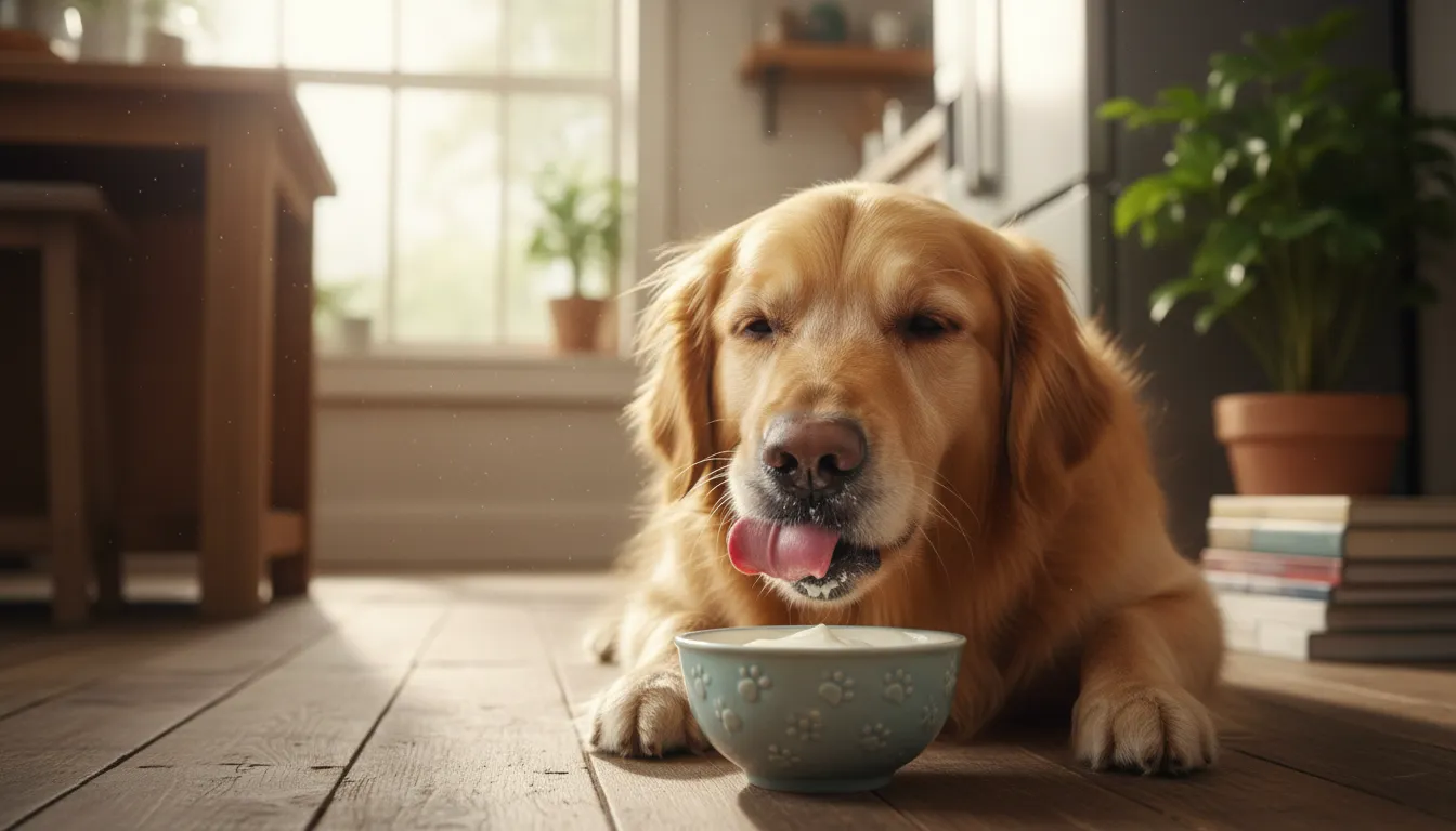 Cachorro da raça golden retriever lambendo um pote pequeno de iogurte natural, com expressão feliz e focada.