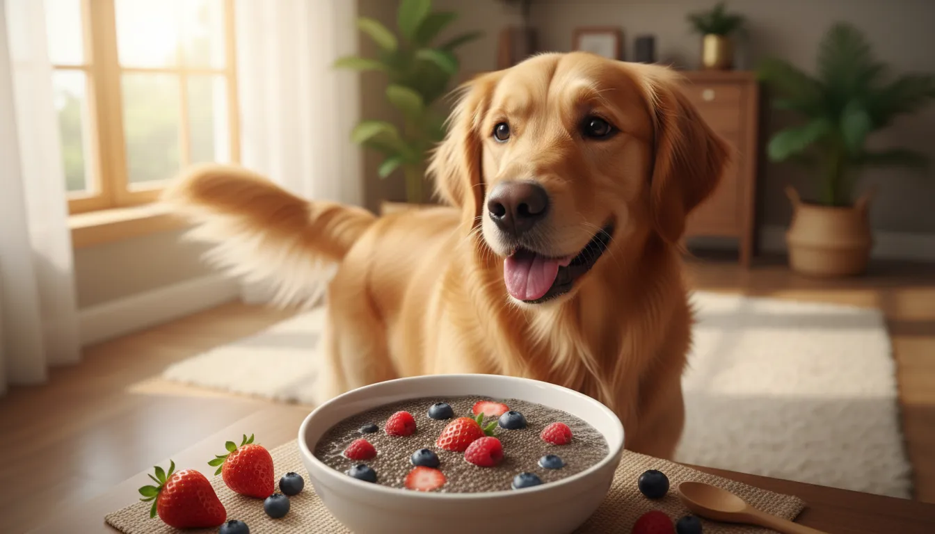 Um cachorro feliz, da raça golden retriever, olhando para uma tigela com sementes de chia hidratadas e frutas.