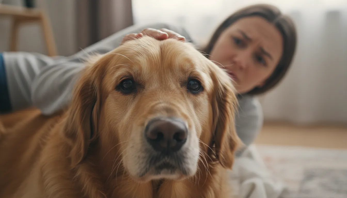 Cachorro da raça golden retriever com expressão de mal-estar e um tutor preocupado ao fundo, indicando sintomas de cachorro intoxicado.