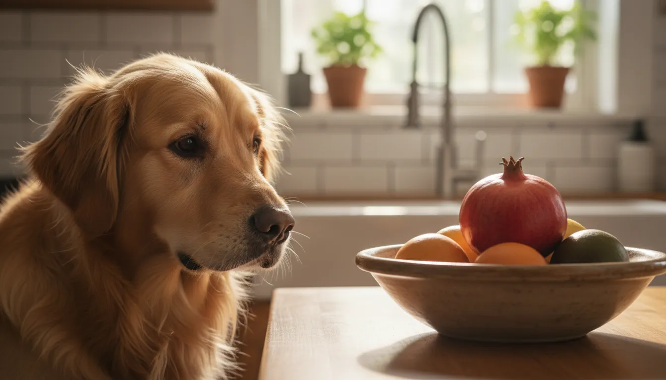 Cachorro da raça golden retriever observando uma romã com curiosidade em uma tigela de frutas.