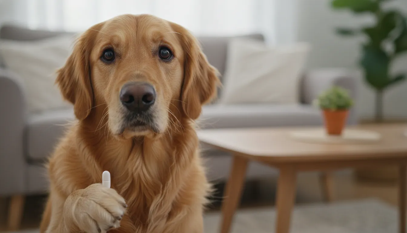 Cachorro da raça golden retriever com expressão de preocupação e um comprimido na pata, simbolizando a dúvida sobre dar azitromicina humana para cachorro.
