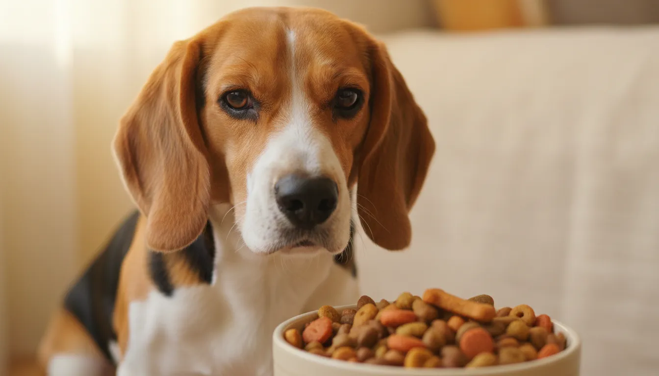 Um cachorro beagle feliz olhando para um prato de comida, com o título 'Cachorro pode comer carne de soja?' ao lado.