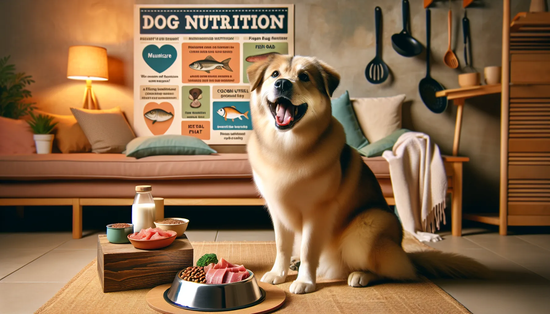 Um cachorro feliz sentado ao lado de uma tigela contendo uma dieta balanceada com pequenas porções de carne e pedaços visíveis de gordura, juntamente com alternativas saudáveis como óleo de peixe, óleo de coco e sementes de linhaça. O fundo mostra um ambiente acolhedor de cozinha com um pôster de nutrição canina de um veterinário na parede.