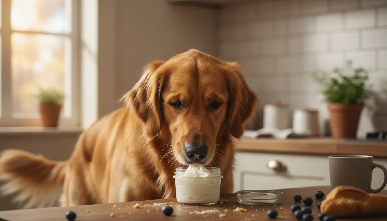 Cachorro golden retriever cheirando um pote de requeijão com curiosidade.