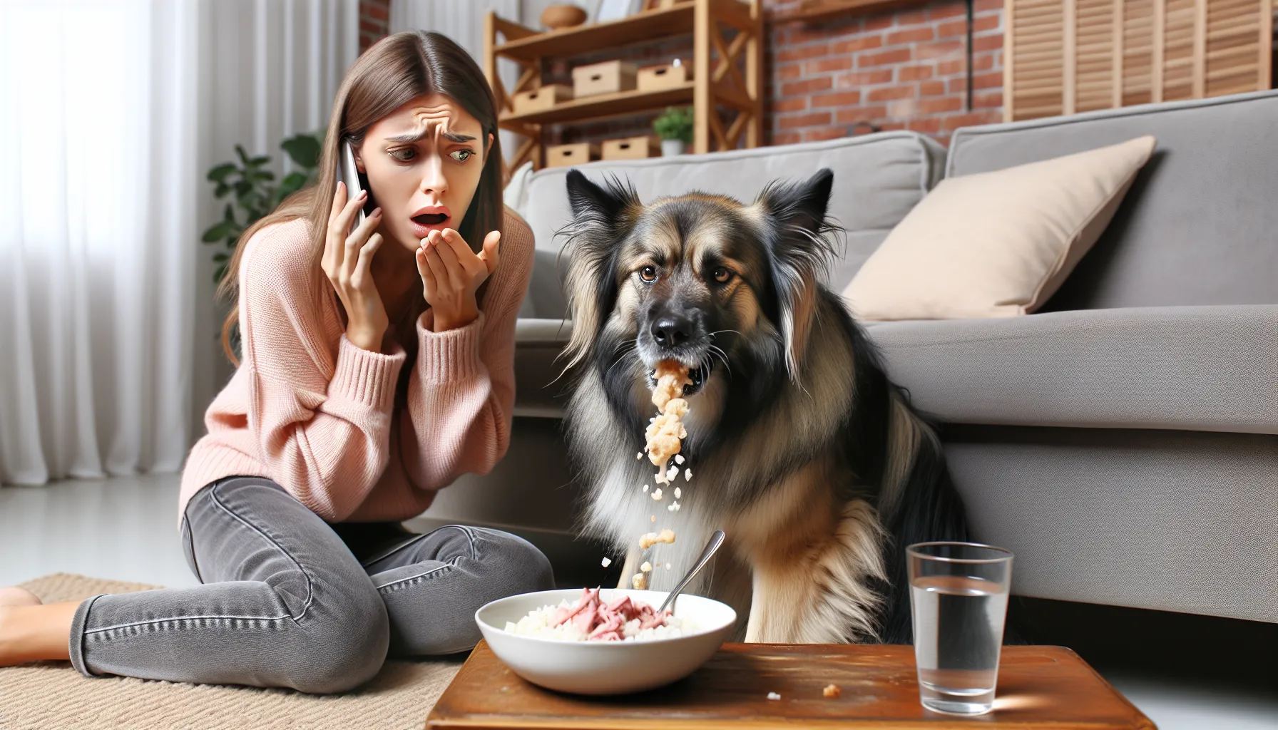 Um dono de cachorro preocupado observa seu pet de porte médio mostrando sinais de náusea em um ambiente doméstico aconchegante. O cachorro tenta vomitar, mas não consegue expelir nada. Elementos que sugerem que o dono está pronto para cuidar do cão incluem uma tigela de arroz com frango, uma pequena tigela de água e um telefone na mão, pronto para ligar para o veterinário. A imagem transmite um senso de cuidado e atenção.