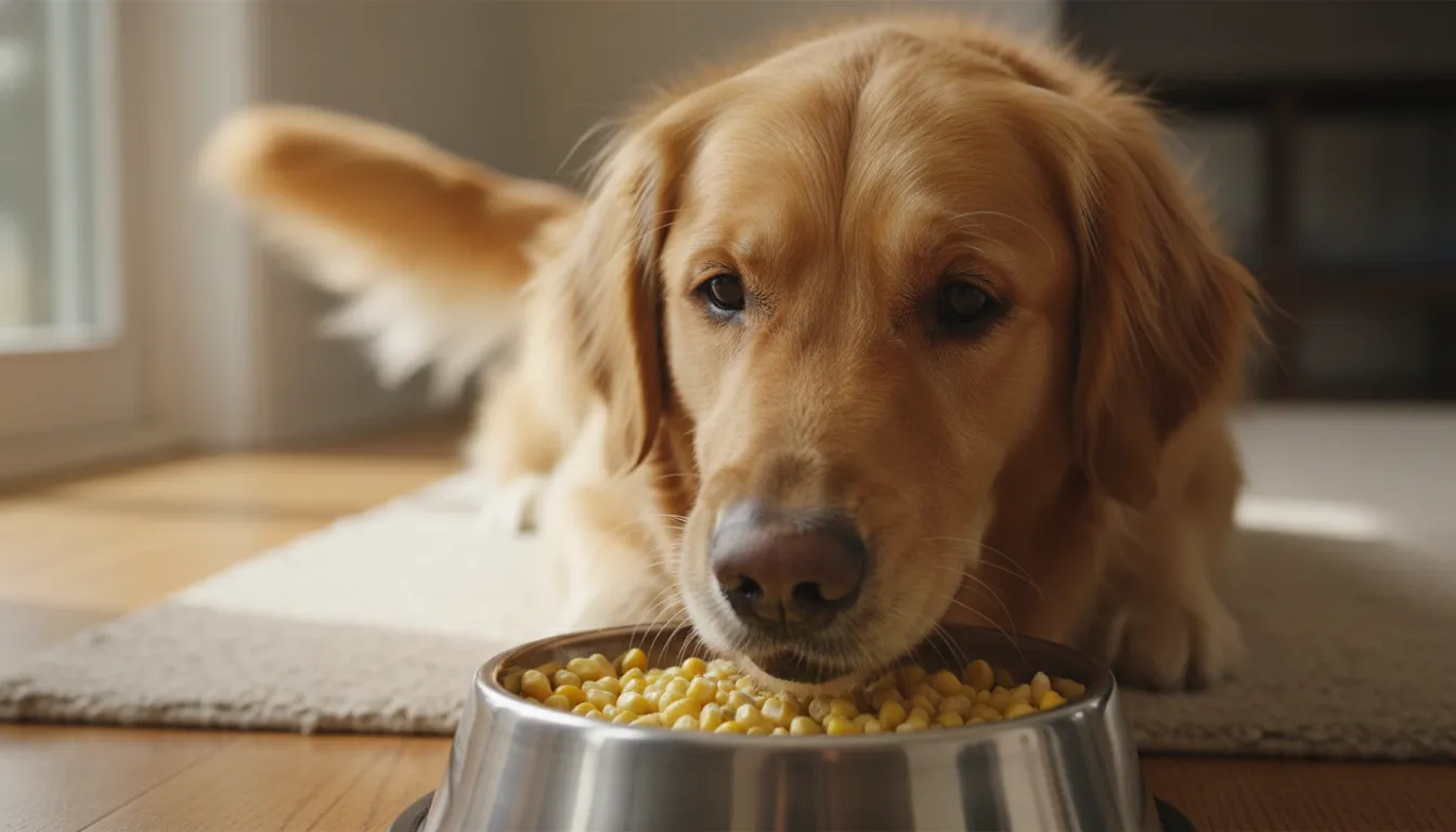 Um cachorro golden retriever feliz comendo grãos de milho cozidos e sem tempero em uma tigela de inox.