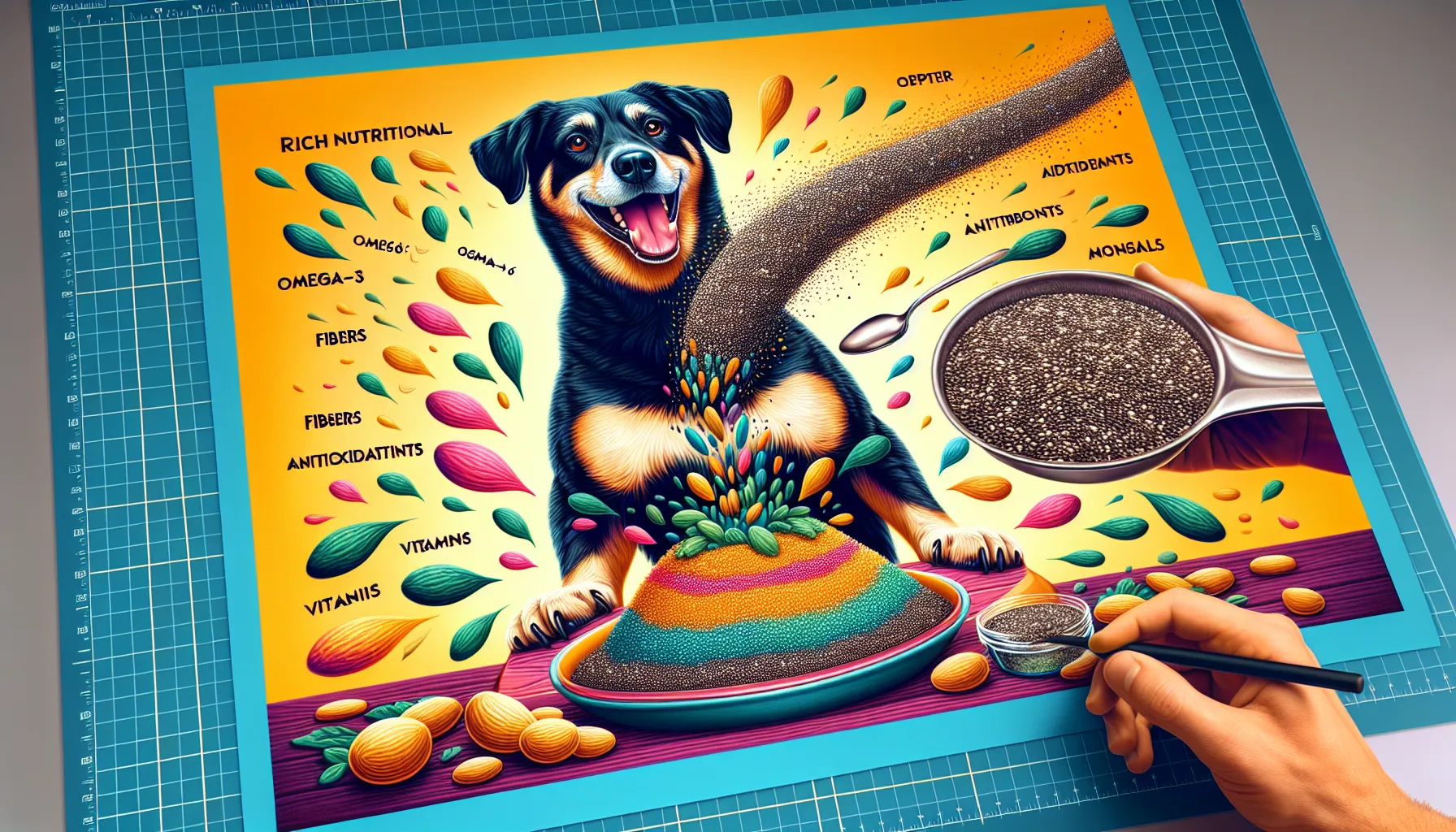 Ilustração detalhada mostrando um cachorro feliz e saudável comendo sua refeição, que inclui sementes de chia. A cena destaca as sementes de chia de forma proeminente, com um close-up das sementes sendo misturadas na comida do cachorro. Inclui elementos visuais que representam os benefícios nutricionais da chia, como ícones ou rótulos para ômega-3, ômega-6, fibras, antioxidantes, vitaminas e minerais. O fundo é brilhante e alegre, sugerindo um ambiente positivo e saudável para o cachorro.