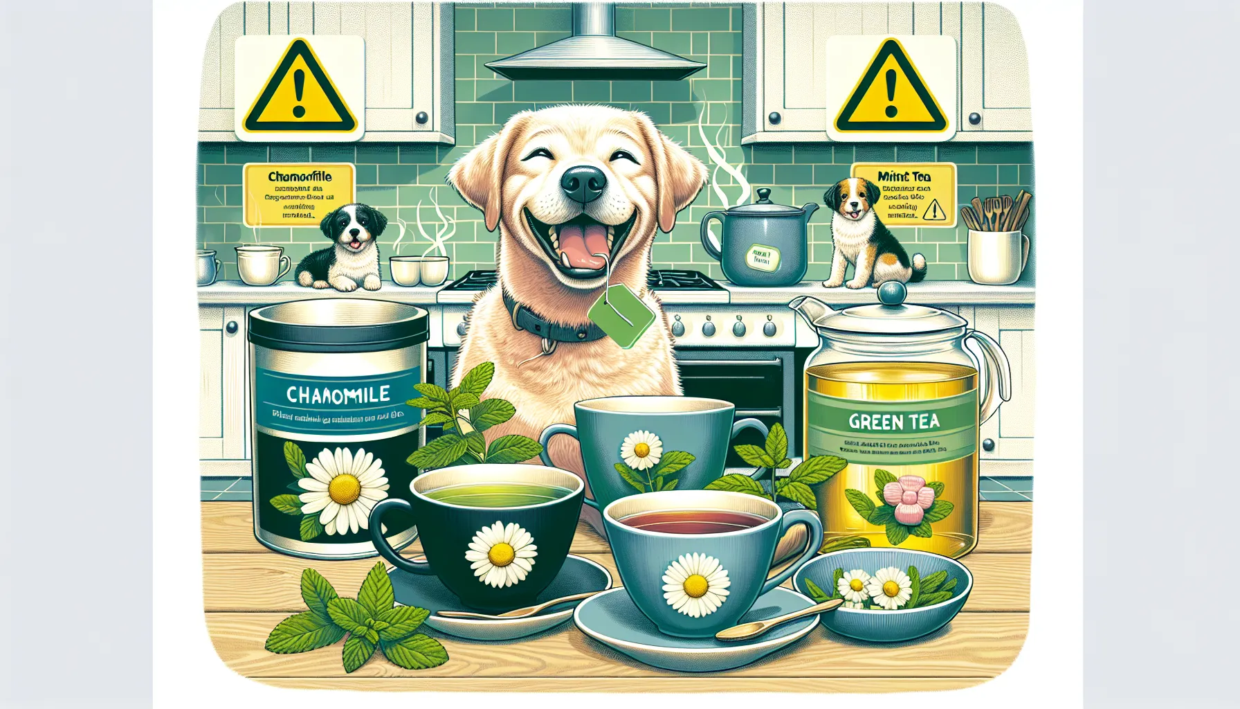 Uma ilustração de diferentes tipos de chás com foco na segurança para cães. Mostra uma variedade de xícaras de chá rotuladas com tipos de chá, como camomila, hortelã e chá verde. Inclui um cachorro feliz bebendo de uma xícara de chá de camomila, enquanto outras xícaras como chá verde e chá preto têm sinais de aviso. O fundo é um ambiente aconchegante de cozinha com iluminação suave, enfatizando um ambiente quente e seguro.