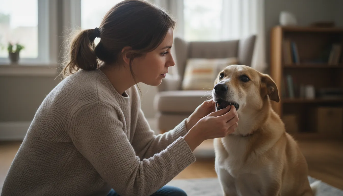 Cachorro engasgado com um tutor tentando remover um objeto da sua boca em uma situação de emergência.