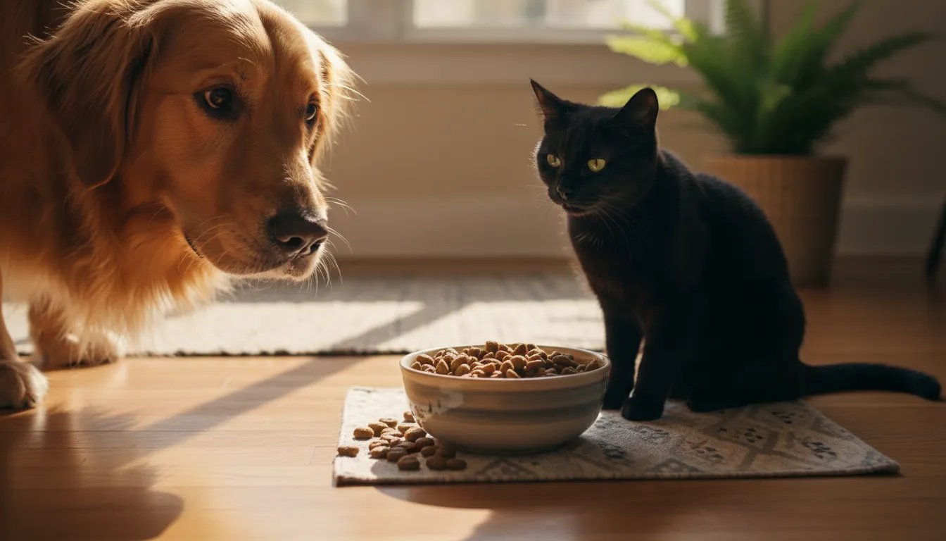 Um cachorro amigável olhando para a tigela de comida de um gato no chão, com a ração de gato visível.