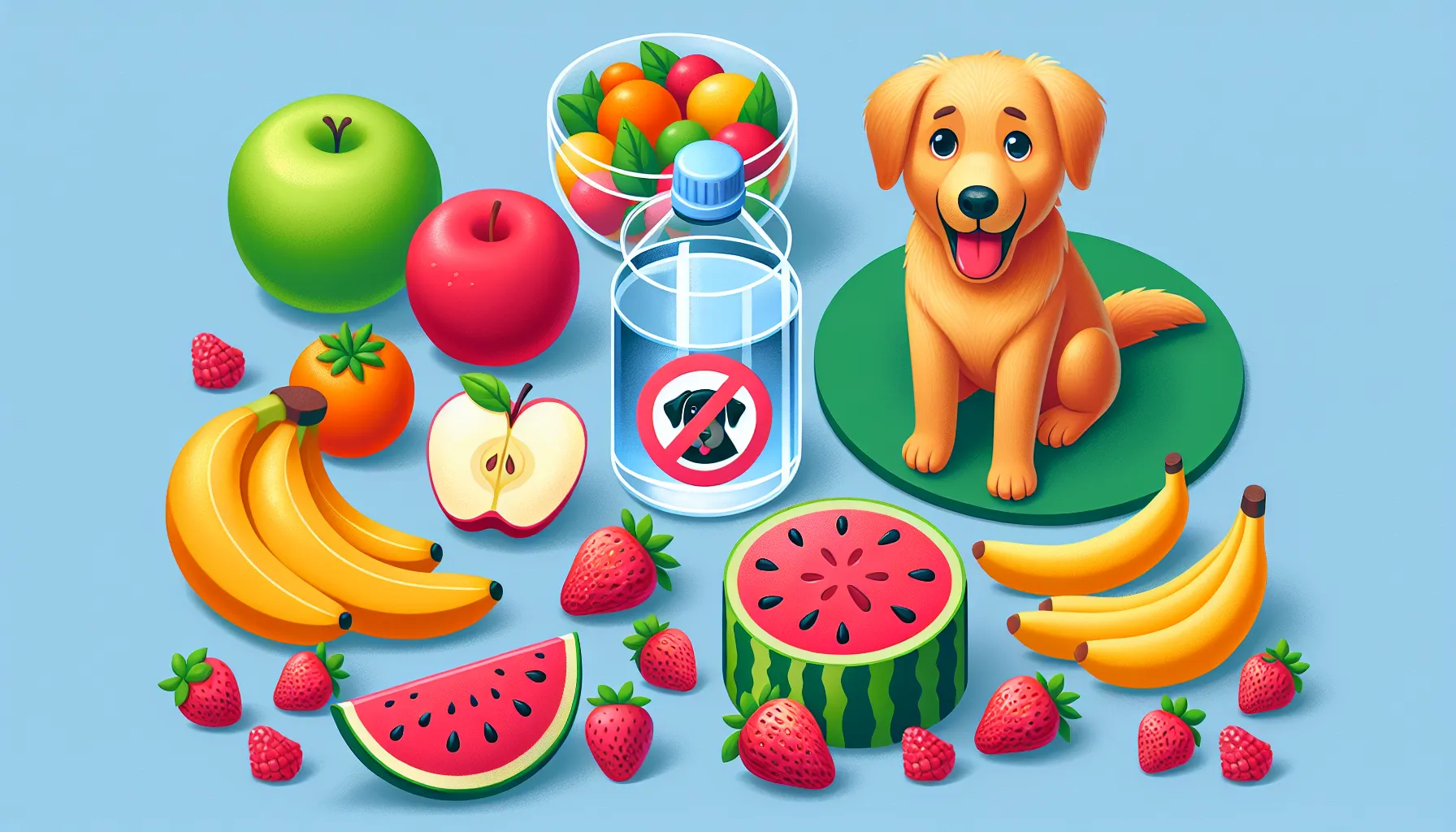 Cão feliz com uma tigela de água e algumas frutas seguras como fatias de maçã (sem sementes), bananas, morangos e melancia (sem sementes) ao seu redor. No fundo, símbolos de proibição (círculo com uma linha atravessada) sobre uma garrafa de suco industrial e um copo de suco de laranja, indicando que não são seguros para cães. A cena é colorida e amigável, refletindo o foco na saúde e bem-estar do cão.