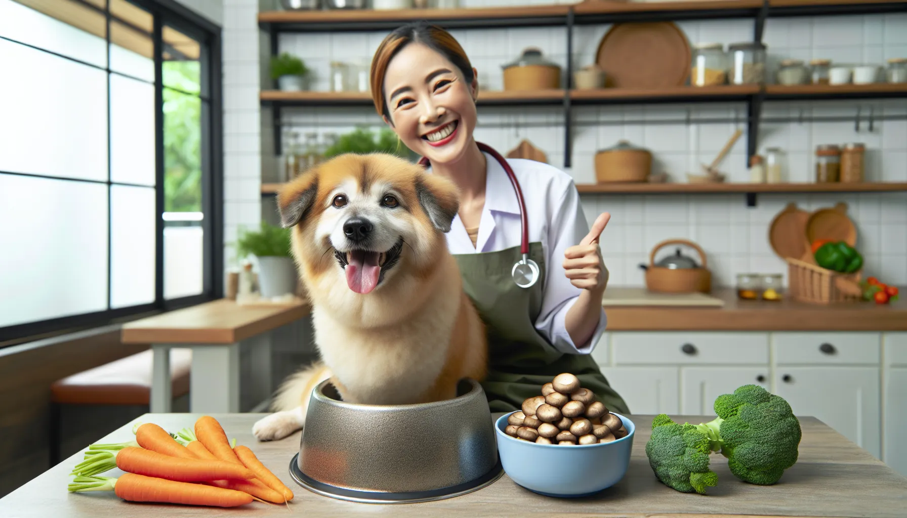 Imagem de um cachorro feliz sentado ao lado de uma tigela de champignons cozidos, com um veterinário ao fundo fazendo um sinal de positivo com o polegar. O cenário é uma cozinha aconchegante, com clara ênfase nos champignons sendo devidamente cozidos e preparados para o cachorro. Inclui alguns vegetais alternativos como cenouras e brócolis no balcão, sugerindo outras opções saudáveis para cães.