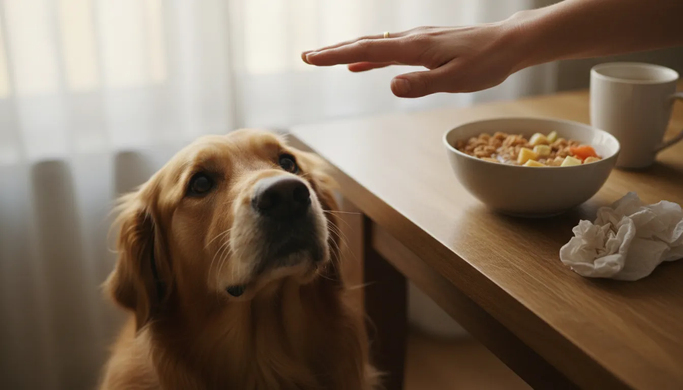 Cachorro olhando curiosamente para uma tigela de sucrilhos em uma mesa de café da manhã, com o tutor por perto.