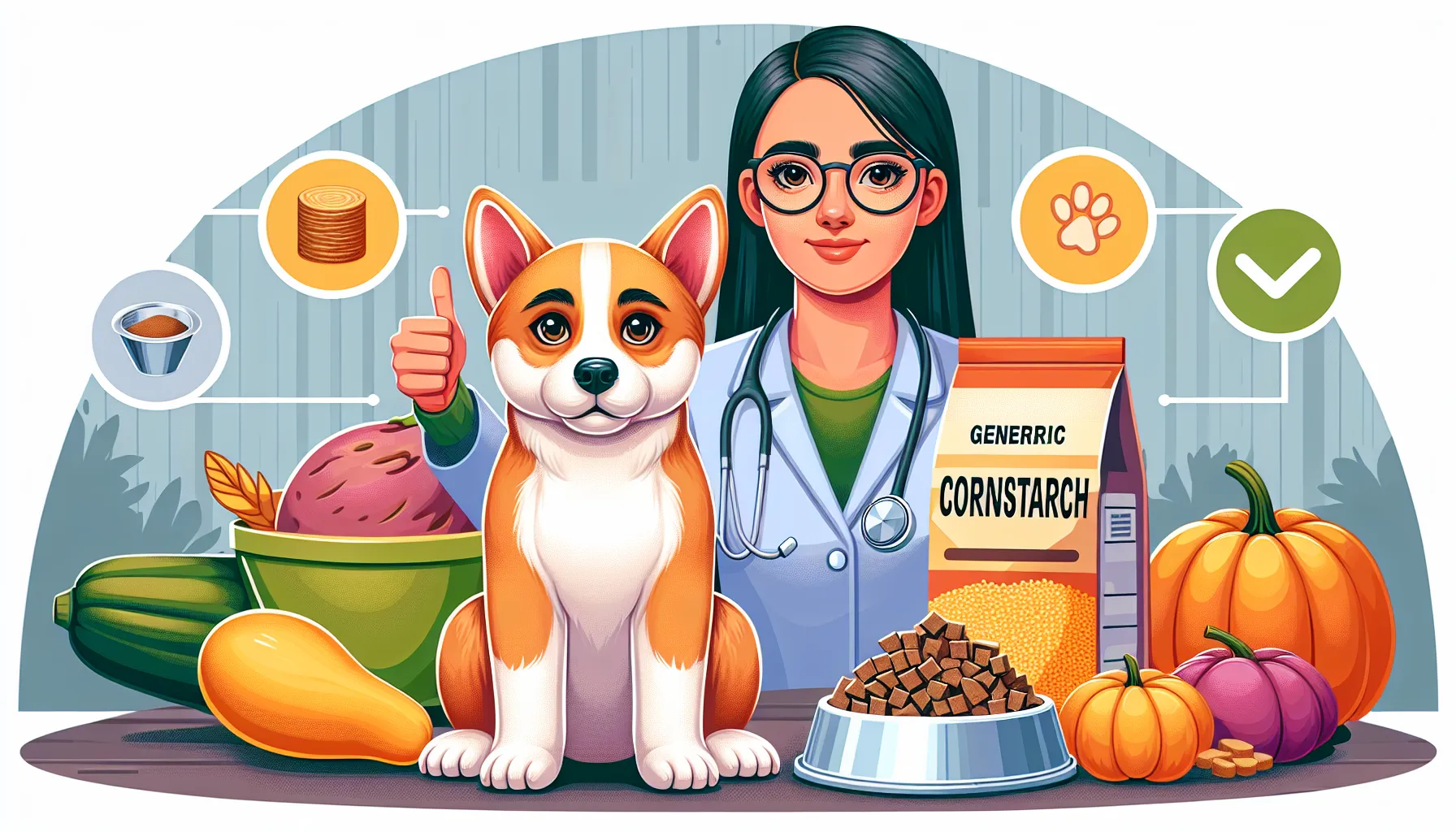 Ilustração de um cachorro sentado ao lado de uma tigela de comida, com um pacote de Maizena (amido de milho) ao lado. O cachorro parece curioso e um pouco hesitante. Ao fundo, um veterinário faz um sinal de positivo com o polegar, simbolizando que é seguro em moderação. Inclui ícones de alimentos alternativos como batata-doce, abóbora e arroz integral ao redor da cena para mostrar outras opções seguras.