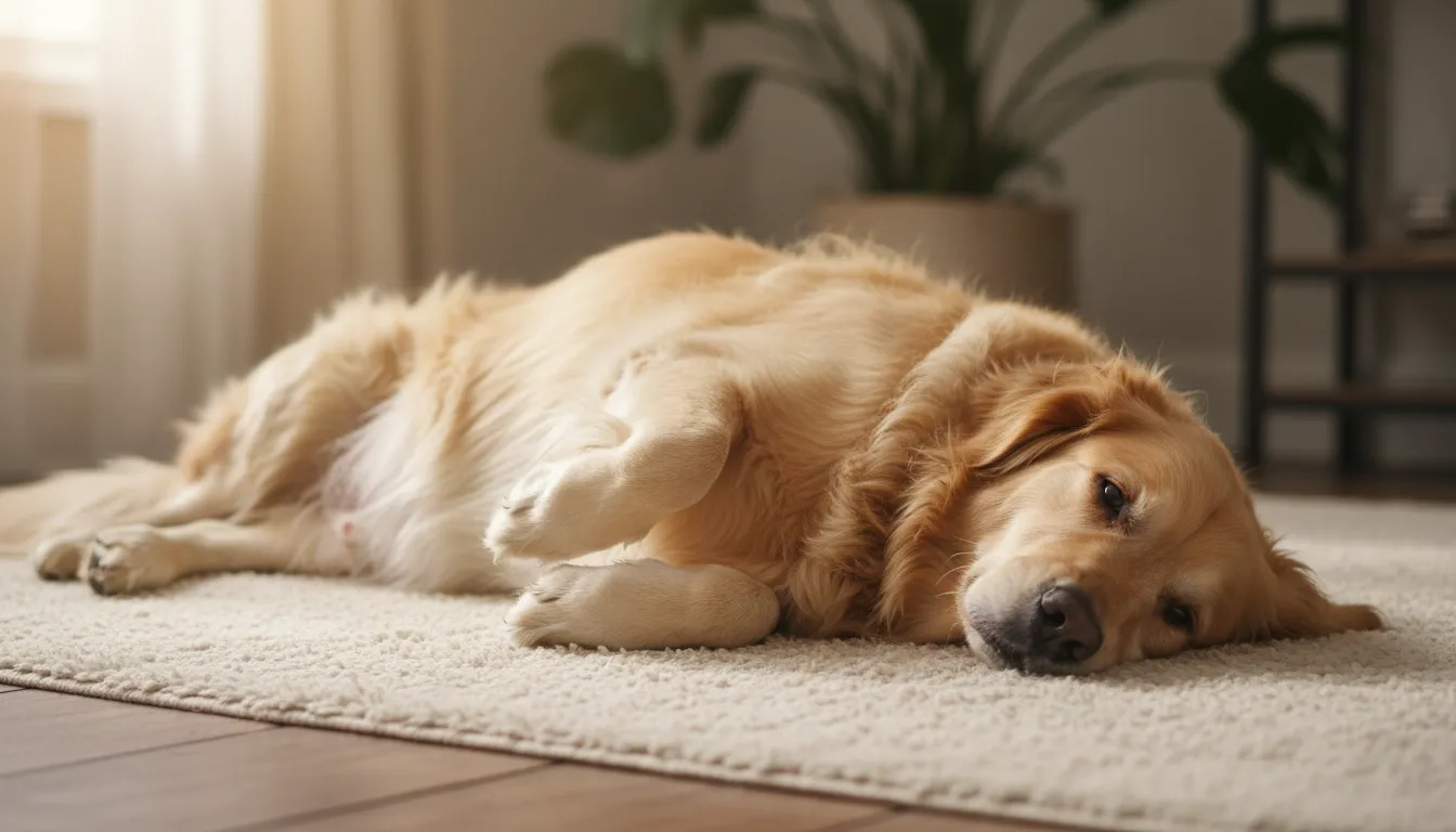 Cachorro golden retriever deitado com a barriga para cima, parecendo desconfortável com gases.